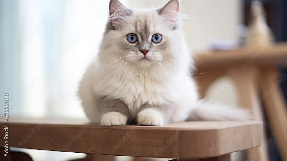 Inquisitive charming youthful british shorthair and ragdoll blend cat sitting on wooden stool. Taken in studio, with warm beige foundation. Youthful striped multi-coloured cat.