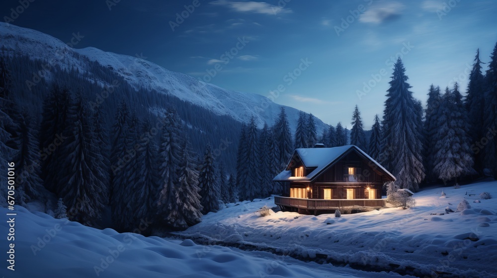 Incredible winter scene with gleaming wooden cabin in frigid timberland. Cozy house in mountains