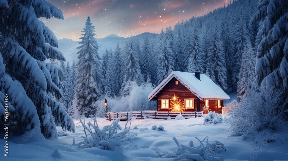 Incredible winter scene with gleaming wooden cabin in frigid timberland. Cozy house in mountains Incredible winter scene with gleaming wooden cabin in frigid timberland. Cozy house in mountains