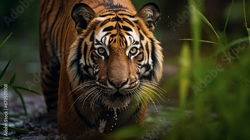 Indian tiger male with to begin with rain  wild creature within the nature territory  Huge cat  imperiled creature. Conclusion of dry season  starting storm