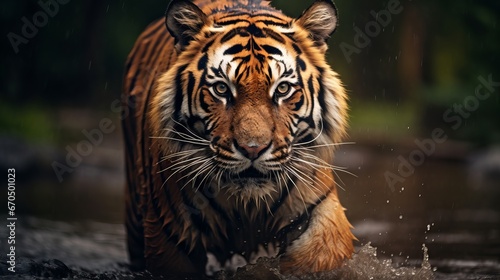 Indian tiger male with to begin with rain, wild creature within the nature territory, Huge cat, imperiled creature. Conclusion of dry season, starting storm