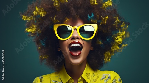 In vogue cheerful grinning Dark lady wearing in vogue yellow rectangle shades, creature, tiger print shirt, posturing on green foundation. Duplicate, purge space for content © Shabnam