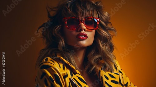 In vogue cheerful grinning Dark lady wearing in vogue yellow rectangle shades, creature, tiger print shirt, posturing on green foundation. Duplicate, purge space for content