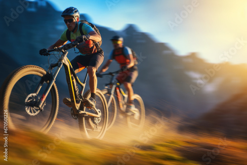 Mountain bike race outdoors at sunset. Extreme sport © pilipphoto