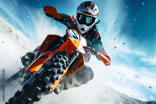 Motocross riders in action on the snow. Motocross winter extreme sport. photo