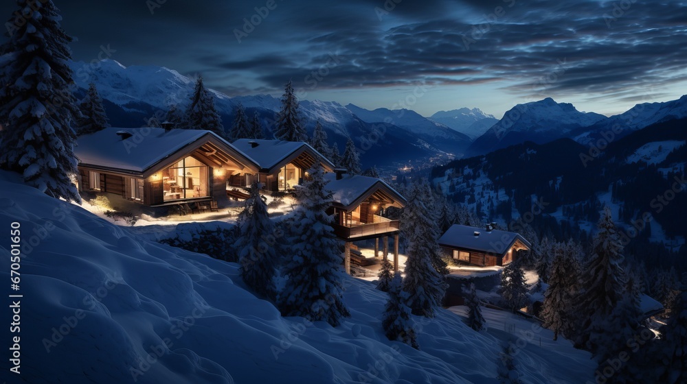 Log cabins shining within the nightfall encompassed by snow. Unused Year lighting