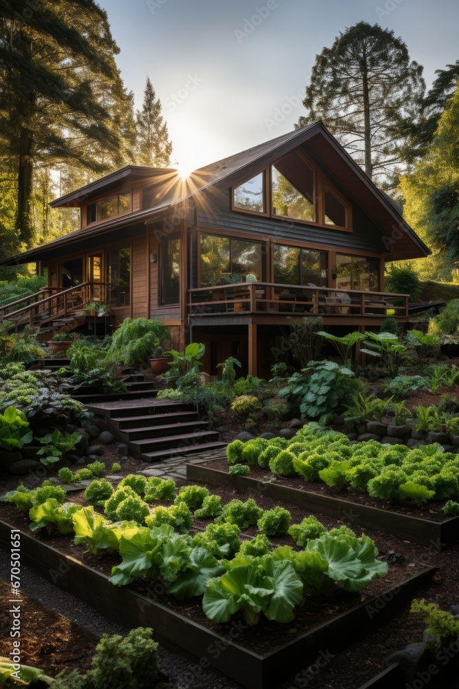 Fototapeta premium Front yard vegetable garden with raised beds, Generative AI