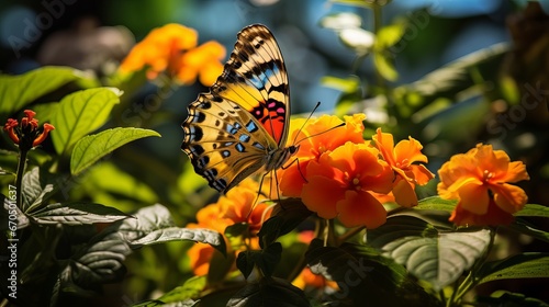 Lovely picture in nature of ruler butterfly on lantana bloom on shinning sunny day