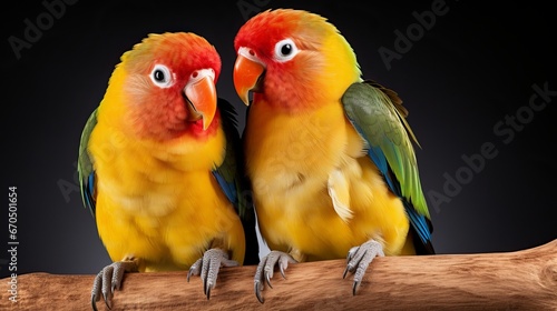 Lovebird parrots sitting together. This winged creatures lives within the woodland and is tamed to household creatures photo