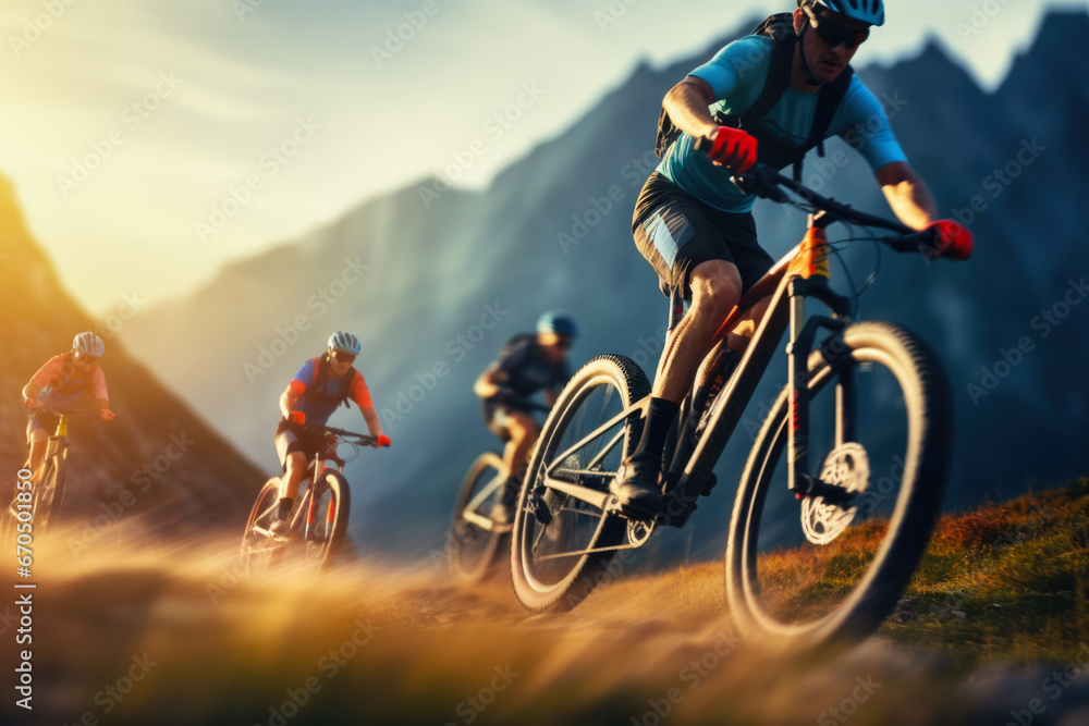 Mountain bike race outdoors at sunset. Extreme sport
