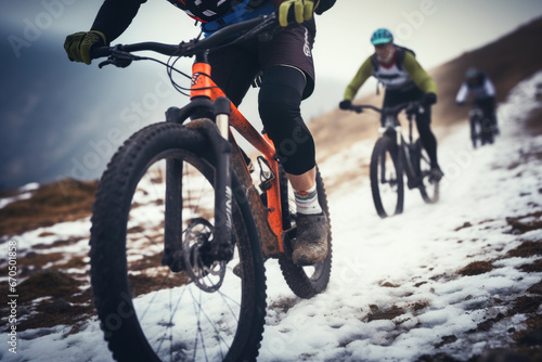 Mountain bikers in winter close up. Extreme sport
