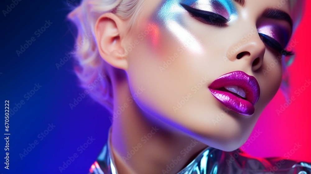 portrait of a woman in neon lights with makeup. generative ai