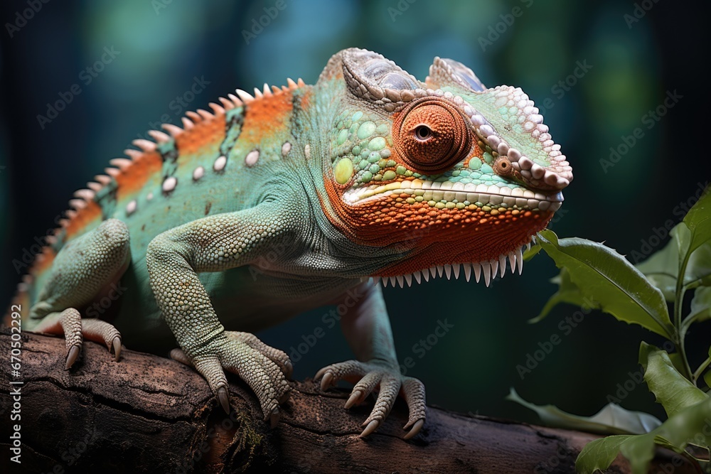 Fototapeta premium Green chameleon on a branch in wild close up