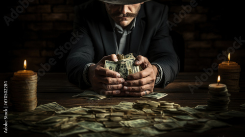 Hands of a man in a hat and mustache with money on the table. Gangster mafia criminal world, gambling. photo