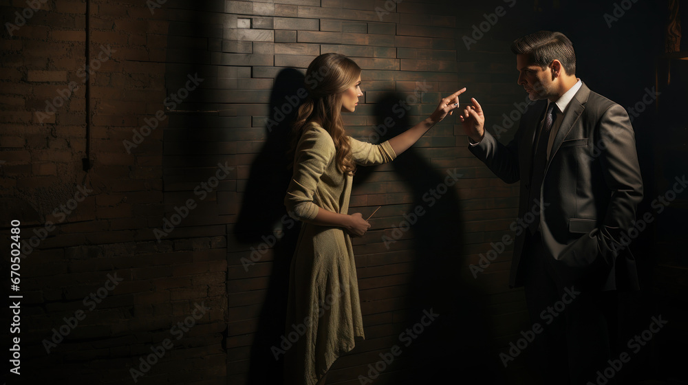 Angry man and woman fighting in a dark room with brick wall. Arguing