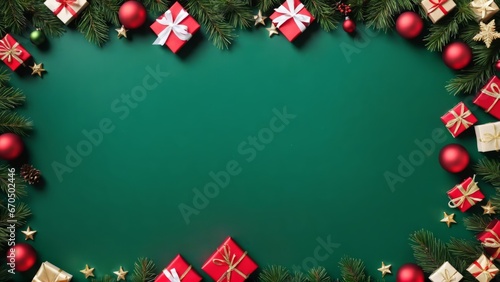 top view, background and frame of new year christmas with branches and decorations, dark green color