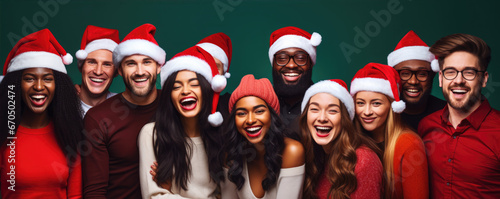 Multicultural group of happy young people on New Year or Christmas party, wearing red santa hats, smiling on red studio backgrounds