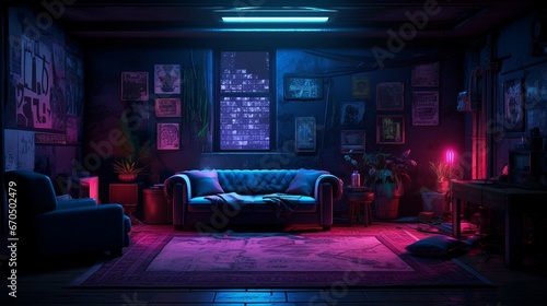 Interior living room wall mockup with leather sofa and decor with neon lights. generative ai