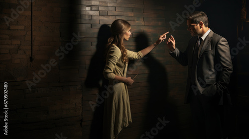 Angry man and woman fighting in a dark room with brick wall.  Arguing sad couple screaming scolding together and point finger in face each other. photo
