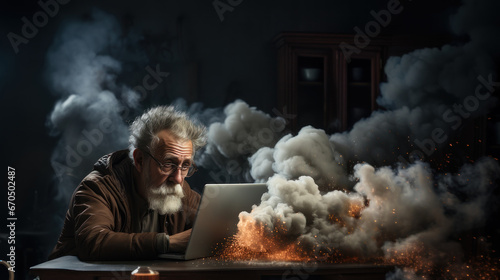 Old man working on a laptop at night with a lot of smoke. Sad senior is difficult to work with the latest technologies.