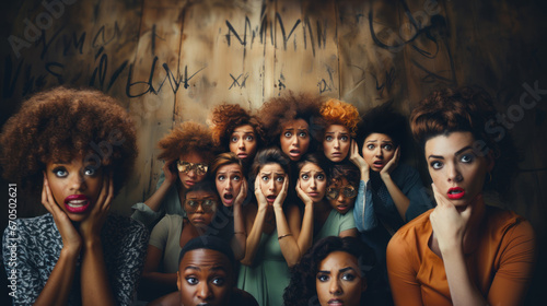 Diverse group of women with scared facial expressions. Fearful young woman feeling trapped.