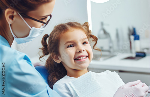 Little cute girl sitting in dental chair while dentist fixing her teeth. Dental care concept. photo