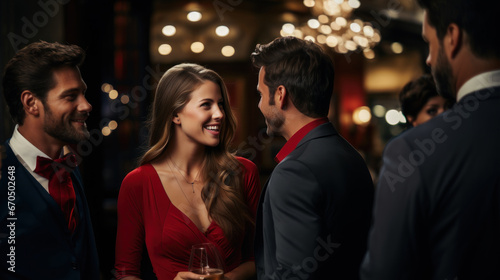 Young couple and friends in formalwear with wine glasses celebrating in public place, communicating and smiling while spending time on luxury party, looking at each other.