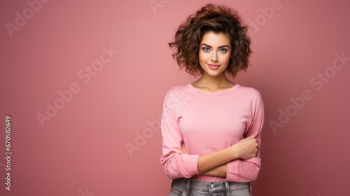 Portrait of a beautiful nice young brunette woman in a pink casual sweater on a pink bright background. People affection and care concept.