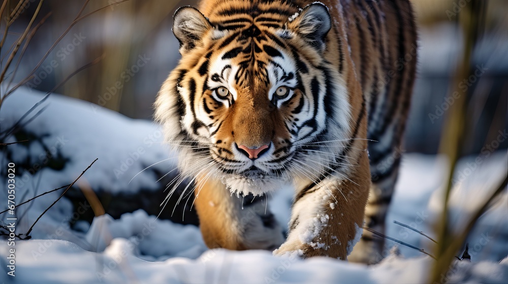 Obraz premium Near up of the confront of an Amur Tiger Panthera tigris altaica, too called a Siberian tiger, with detail of the hide markings and eyes