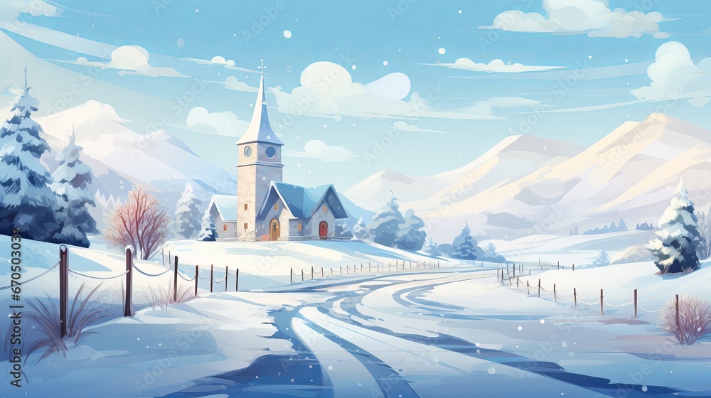 Natural winter Christmas scene with church and blessings