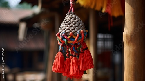 National Asian design and rope ornaments at the entrance to the house made by hand from multi-colored creature hair