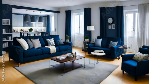 In a Scandinavian apartment, you'll find a sophisticated dark blue sofa and a comfortable recliner chair, perfectly complementing the modern interior design of the living room. © MIS AJMIRY BEGUM 