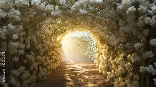 A tunnel crafted from intertwining jasmine vines, their white blossoms shimmering under the morning sun.