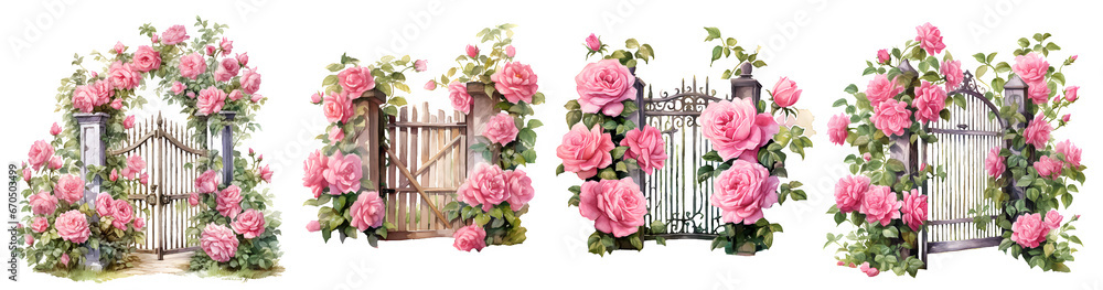 Garden gate fence with pink rose watercolor illustration clipart. Generative AI. - obrazy, fototapety, plakaty 