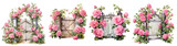 Garden gate fence with pink rose watercolor illustration clipart. Generative AI.