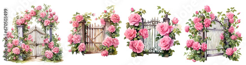 Garden gate fence with pink rose watercolor illustration clipart. Generative AI. photo