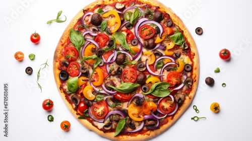 A vegan pizza topped with an array of colorful vegetables, its vibrant hues popping against a clean white background.