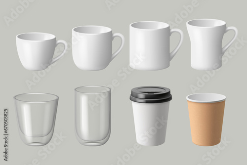 Variety of coffee cups and mugs for warm beverages. Vector realistic isolated ceramic, glass or paper containers and pots for liquid, takeaway service for clients or restaurant serving