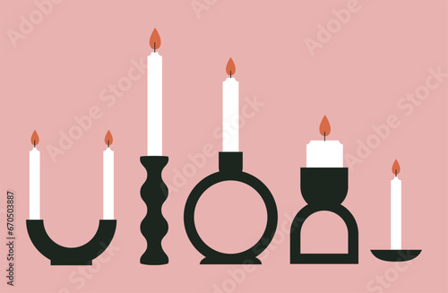 Elegant candles. Candlestick collection. Home design. Modern house interior decor elements, light. Vintage candle holder vector illustration. Flat trendy abstract style, isolated. Scandinavian design.