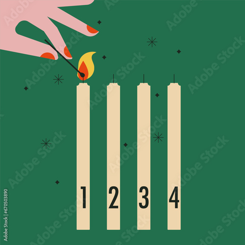 Hand lighting advent candle. Humans hand holding match stick burning with fire flame and candle. Wooden match with fire in hand. First advent with one burning candle. Flat vector illustration.