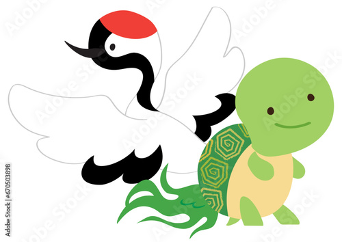 デフォルメされたかわいい鶴と亀の縁起のいいベクターイラスト素材