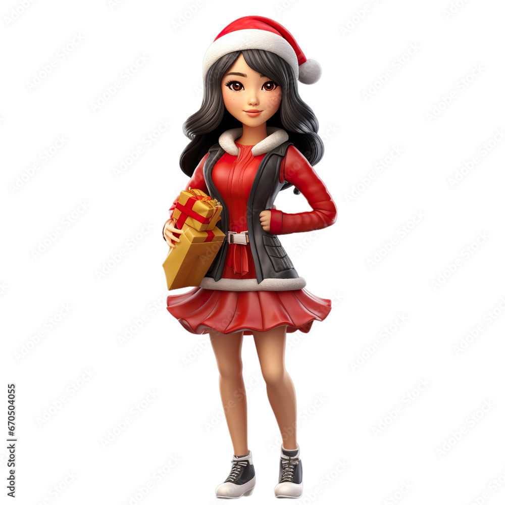 3d Christmas character asian woman in christmas clothing isolated on white transparent background 3d Christmas character asian woman in christmas clothing isolated on white transparent background