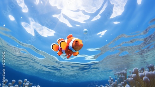 A vibrant clownfish momentarily caught in a shallow tide pool, reflecting the sky above.