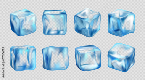 Ice cubes shapes, addition for cocktail or drink in restaurant. Vector realistic frozen water, isolated on transparent background. Crystal glacier or liquid for cooling refreshments