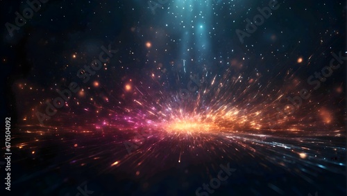 explosion of light particles in dark background, abstract background, brochure cover presentation 