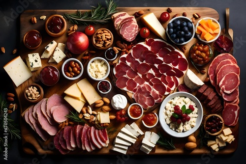 Set up a visually stunning charcuterie board with an array of cured meats, artisanal cheeses, fruits, nuts, and various accompaniments photo