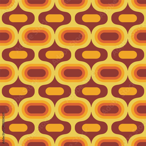 Retro Atomic ogee ovals seamless pattern yellow orange brown
