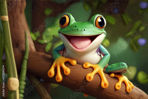 Adorable 3d rendered cute happy smiling and joyful frog cartoon character sitting on a tree branch with wide open mouth yawning