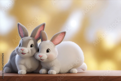 Adorable 3d rendered cute happy smiling and joyful curious baby two bunny rabbits cartoon character