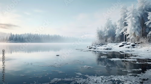Peaceful, frozen lake, pristine beauty, crystal-clear reflections, calm and tranquil. Generated by AI.